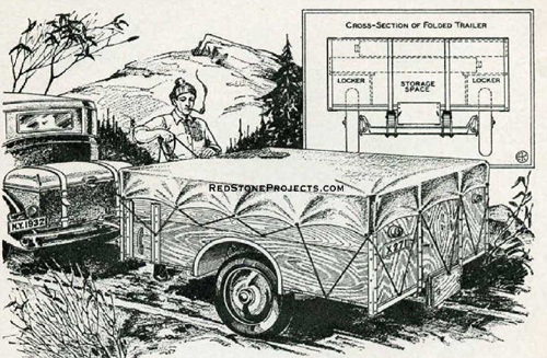 Illustration of a folding tent trailer ready for towing and an inset drawing show the cross section of the interior.